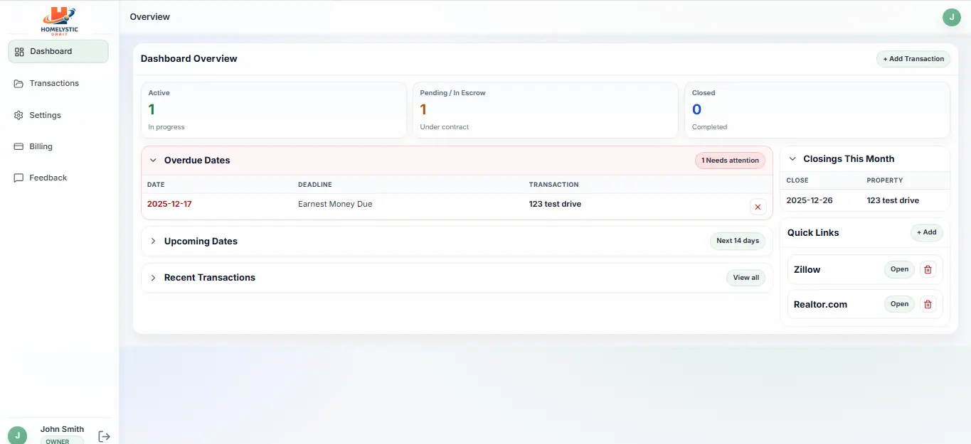 Transaction Coordinator CRM dashboard showing deadlines and checklist