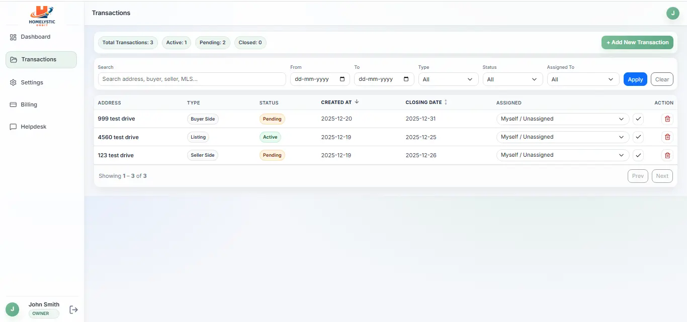 Orbit Transactions page showing a searchable transaction list with status, created date, closing date, and assignment